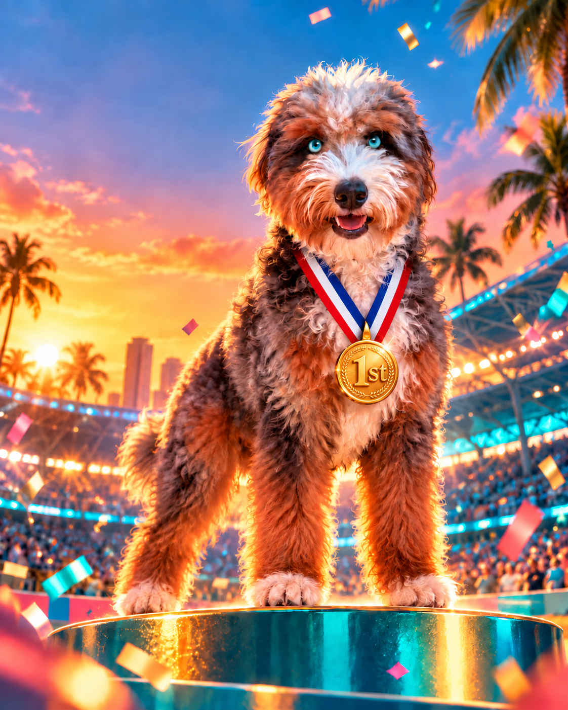 Stylized portrait of Champ Winner, the cyan-eyed Aussiedoodle mascot