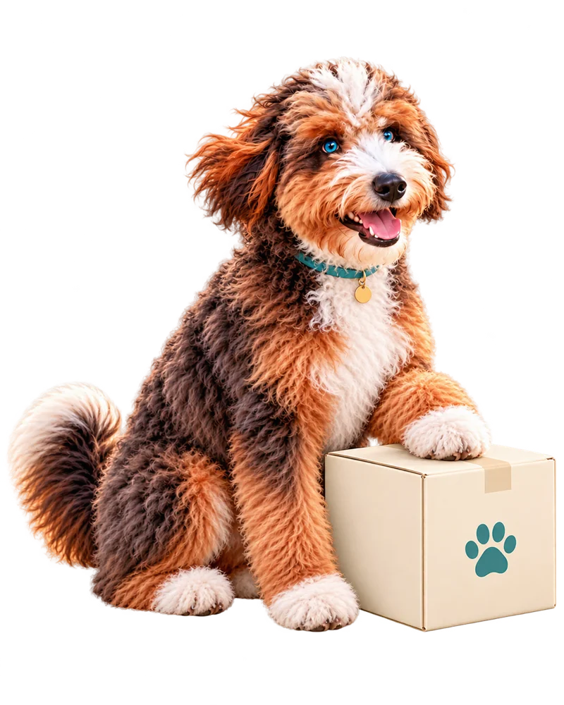 Champ Winner beside a parcel with a paw mark